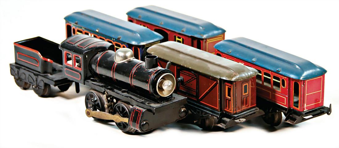 small tow-tender-locomotive, B, electrical version,: small tow-tender-locomotive, B, electrical version, black with red ornamental lines, 2 passenger coaches, 1 baggage coach, 1 sliding door is missing, 1 covered freight waggon, good condition, collecti