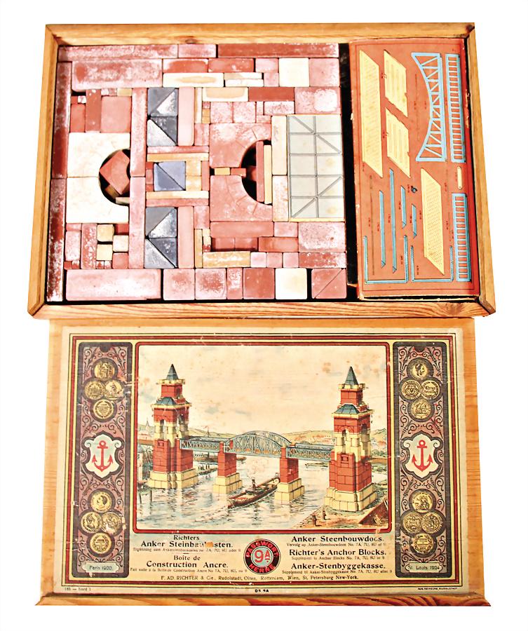 ANKER box of bricks, 9A, supplementary box for the box: ANKER box of bricks, 9A, supplementary box for the box of bricks 9A, Herne, probably as far as possible complete, completeness wan't checked, collection Katz German Description ANKER Steinbaukasten, 9