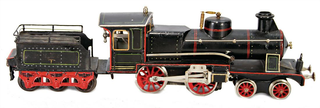 MÄRKLIN track 1, tow-tender-locomotive, 2B, EM1021,: MÄRKLIN track 1, tow-tender-locomotive, 2B, EM1021, with 3-axled tender, partially slightly bleached out, visually good condition, clock mechanism is intact, 1 front lamp is missing German Descriptio