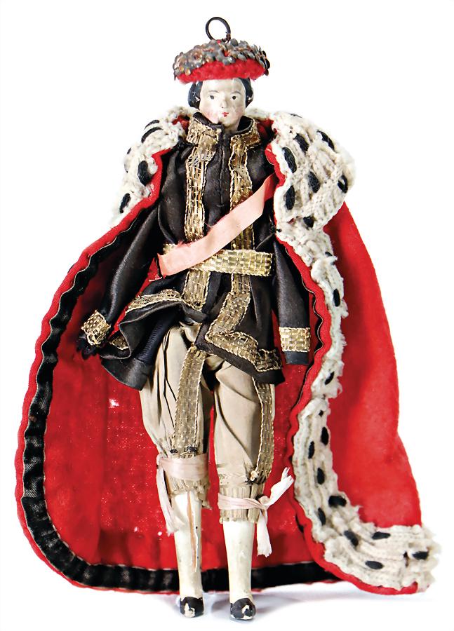 wood-papier mâché doll, Biedermeier, courtly gentleman,: wood-papier mâché doll, Biedermeier, courtly gentleman, 16 cm, wood body, jointed wood legs, 1 loose leg, arms are missing or were possibly not existing, original clothes, original painting German D