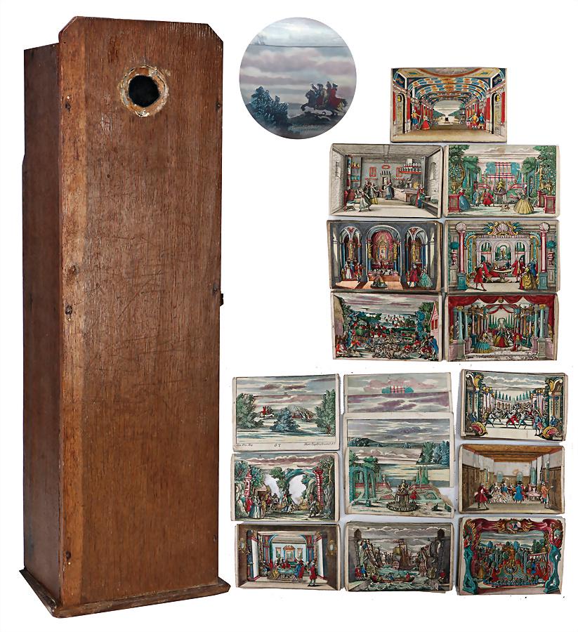 peep show box, probably late 18th century, wood,: peep show box, probably late 18th century, wood, height: 53.5 cm, width: 18.5 cm, depth: 12 cm, back can be slide in, original mirror with stronger worn places, along with it 12 folded letters, in ori