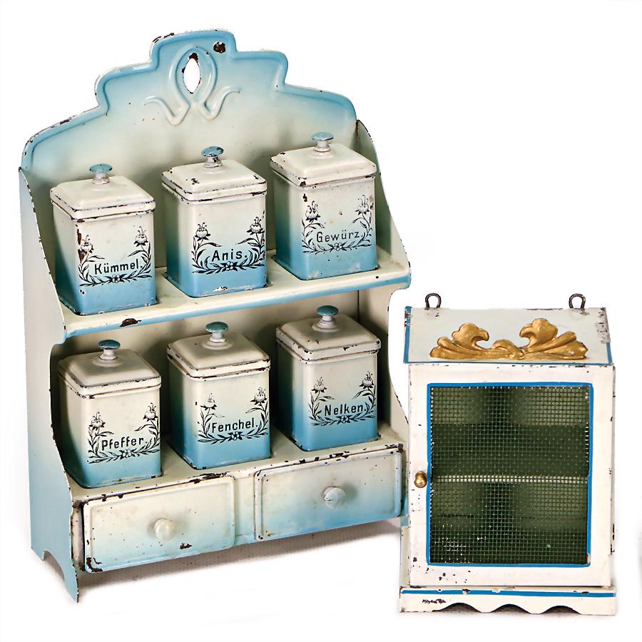 dollhouse spice shelf, sheet metal, with origina -tins, (1 of 1)