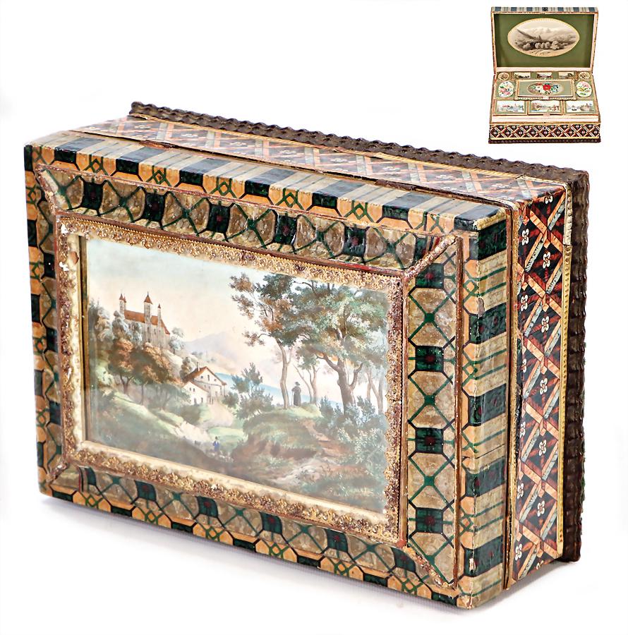 exceptional casket, Biedermeier, picture,: exceptional casket, Biedermeier, picture, chromolithography, handcoloured, inside lower compartment with leaf and 3-part inlays, at the top single compartments with shutter, edge of gold, inside 2 sec