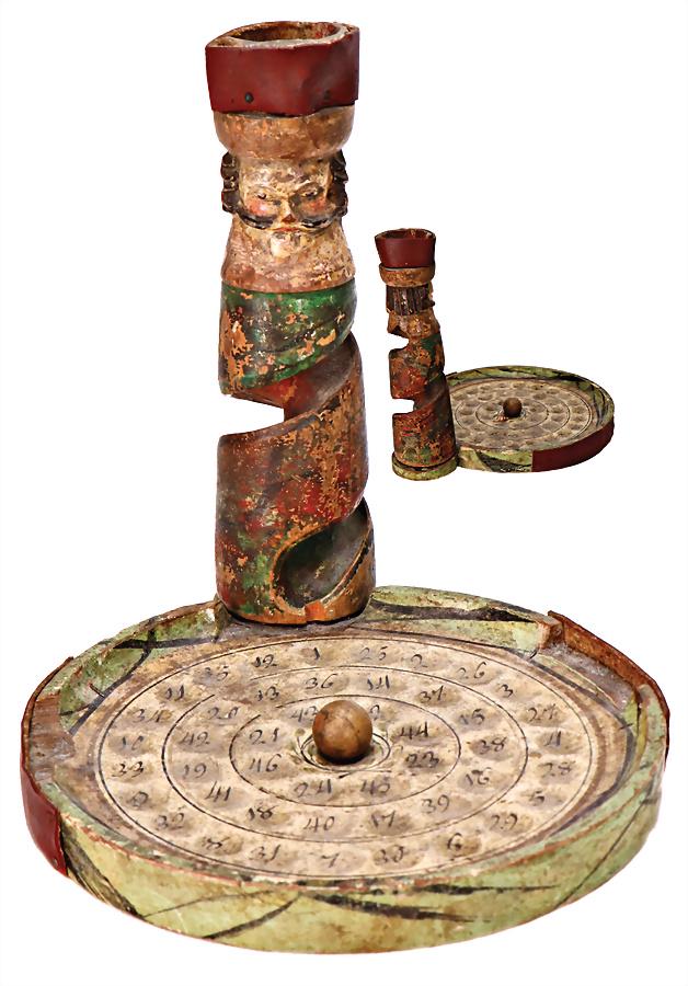 Kakalorium, wood, original painting, c. 1870, height:: Kakalorium, wood, original painting, c. 1870, height: 17 cm, diameter: 15 cm, marble run, with head, old repaired part at edge of the plat and at hat at the head, original condition, is a museum piece