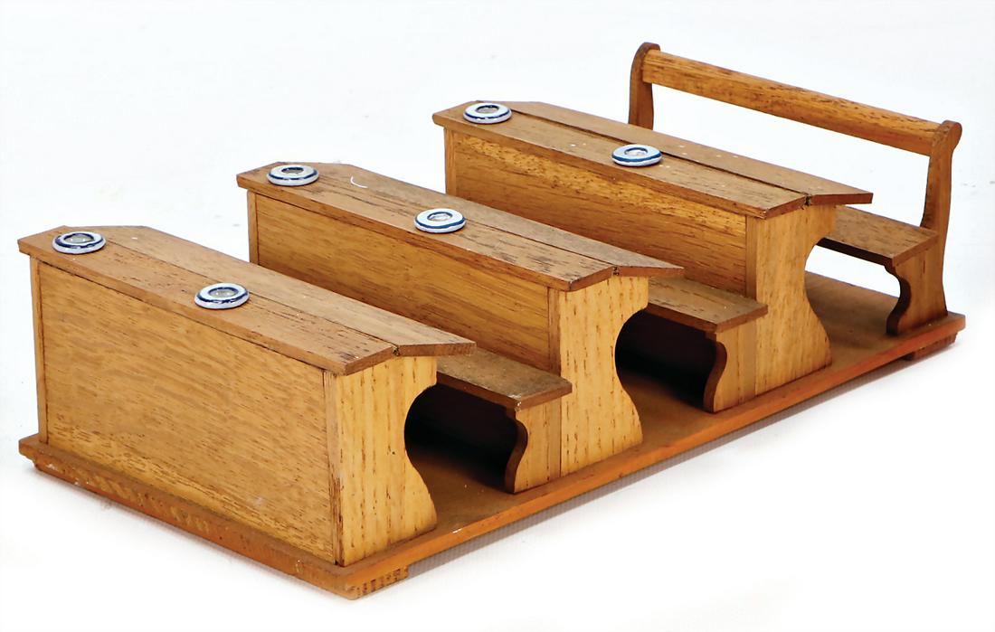 school benches, for doll school, 28 cm, oak, with: school benches, for doll school, 28 cm, oak, with porcelain inkpots, 2 inkpots were supplemented German Description Schulbänke, für Puppenschule, 28 cm, Eiche, mit Porzellan-Tintenfässern, 2 Tinten