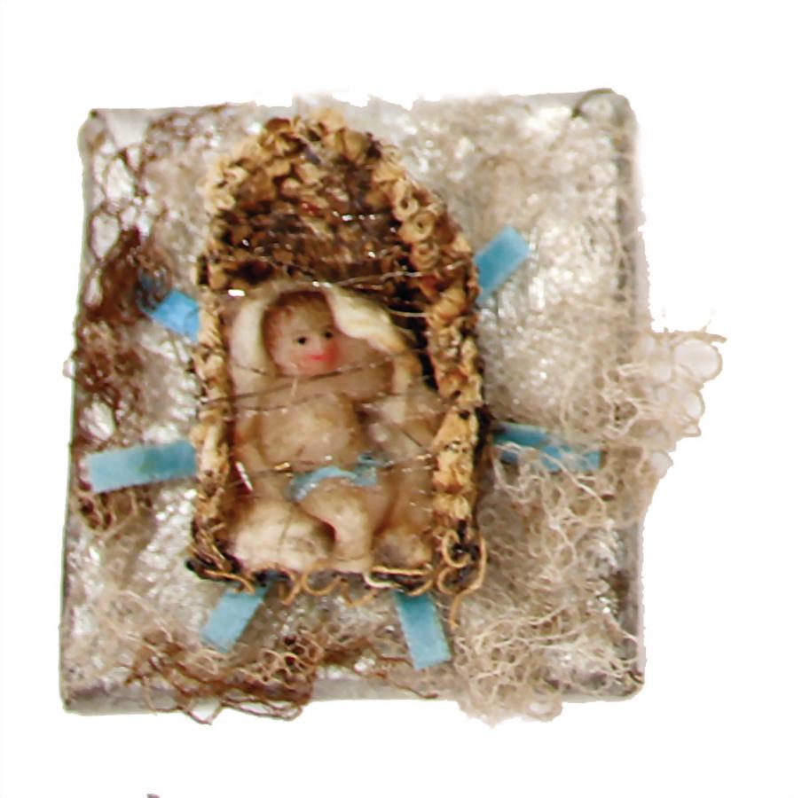 SEBNITZ Christmas tree decoration, small crib with: SEBNITZ Christmas tree decoration, small crib with child, labeled on the back 1882 German Description SEBNITZ Christbaumschmuck, kl. Krippe mit Kind, Rückseitig beschriftet 1882