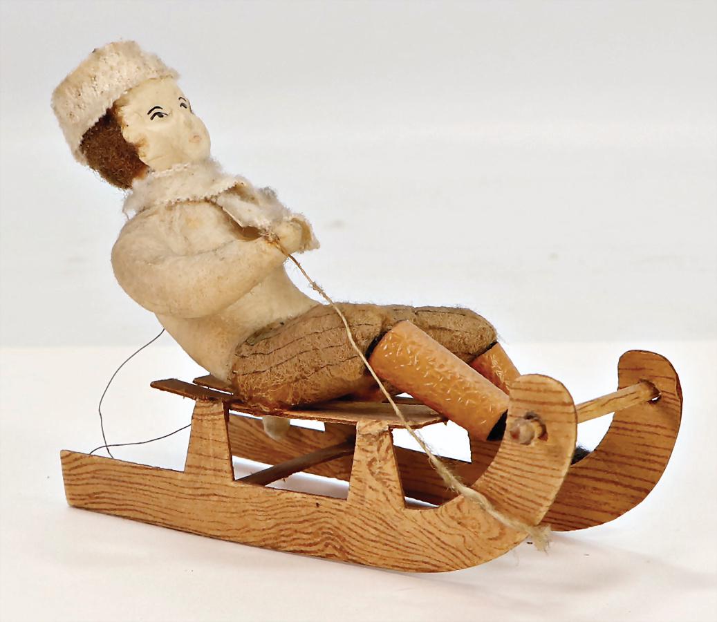 Christmas tree decoration, cotton wool, boy on sledge, (1 of 1)