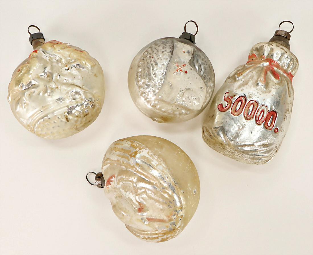 Christmas tree decoration, 4 pieces, glass, hemisphere: Christmas tree decoration, 4 pieces, glass, hemisphere with stork, hemisphere with doves, money bag, small ball with cat German Description Christbaumschmuck, 4 Teile, Glas, Halbkugel mit Storch, Halb