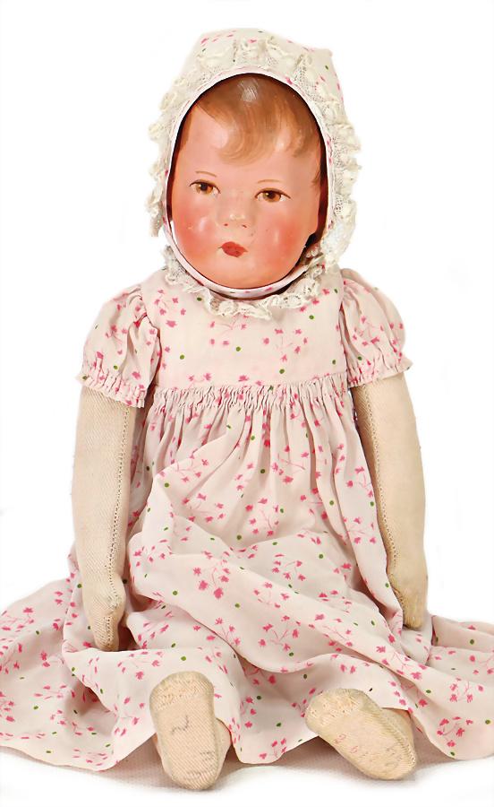 KÄTHE KRUSE Hampelchen, fabric head, 3 clearly visible: KÄTHE KRUSE Hampelchen, fabric head, 3 clearly visible seams at the back of the head, brown painted eyes, face with colorwise repaired places, loose stitched down arms and legs, 37 cm German Descript