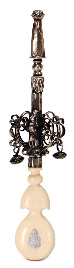 pompous rattle, massive, silver handle, elaborate,: pompous rattle, massive, silver handle, elaborate, heavy handiwork, probably England, 3 bells, originally probably 6 on a complex ornament, handle with the company logo, height: 18 cm, 1930-40 German 