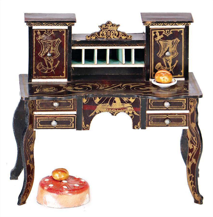 Boulle dollhouse secretary, around 1900, with golden: Boulle dollhouse secretary, around 1900, with golden Boulle ornaments, top with doors and fan, writing desk with drawers that can be open, very nice original condition, 11.5 x 12 cm German Description
