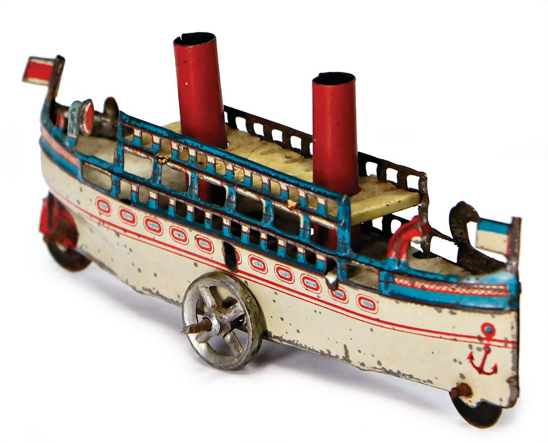 J. TH. MEIER ocean steamship, around 1910, signed: J. TH. MEIER ocean steamship, around 1910, signed with"Hundekarren" that was impressed into the sheet metal, the company from Nuremberg signed that way since 1894 , lithographed sheet metal, top