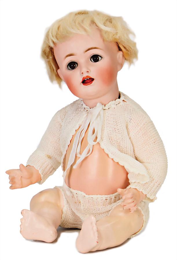 KESTNER bisque porcelain socket head, marked JDK 257: KESTNER bisque porcelain socket head, marked JDK 257 Made in Germany 31, brown sleepy eyes, opened mouth, 2 upper teeth, tongue, mass baby with sitting body with real hair lashes, 31 cm German Descrip