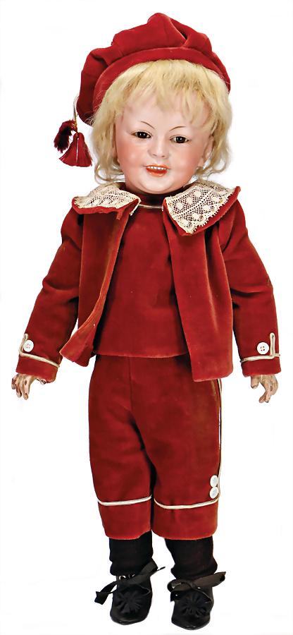 SFBJ bisque porcelain socket head, character boy, fix: SFBJ bisque porcelain socket head, character boy, fix inset brown almond-shaped glass eyes, opened/closed mouth, line of upper teeth, suggested tongue, nice modelled, Toddler-body, 41 cm, old mohair w