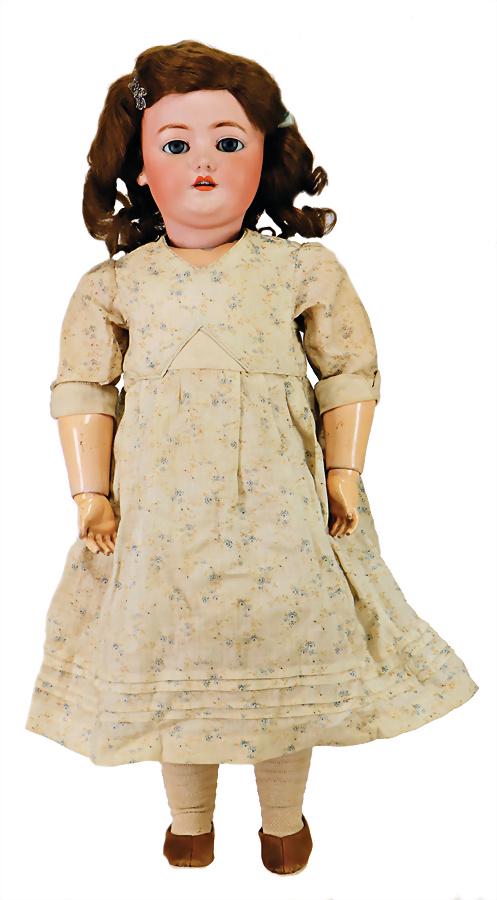 bisque porcelain head doll, marked S&C II½ Germany,: bisque porcelain head doll, marked S&C II½ Germany, 58 cm, socket head, blue sleepy eyes, opened mouth, upper teeth, dimple at chin, pierced ears, small chip at one earlobe piercing, jointed body