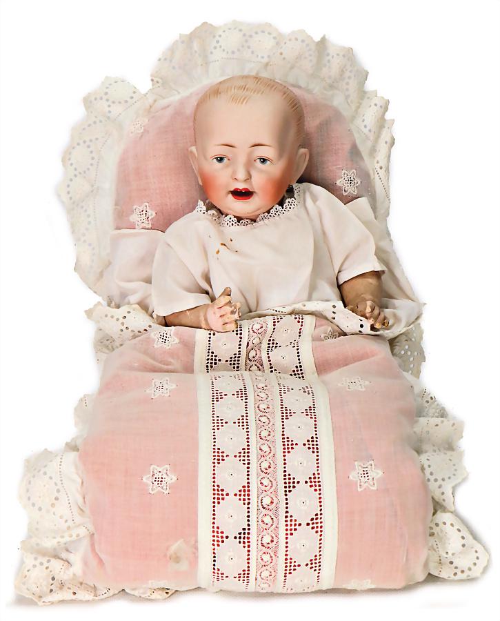HERTEL, SCHWAB & CO. bisque porcelain character: HERTEL, SCHWAB & CO. bisque porcelain character baby, 30 cm, socket head, blue painted eyes, opened mouth, upper teeth, baby with sitting body, fingers are knocked, in a swaddle wrap German Descri