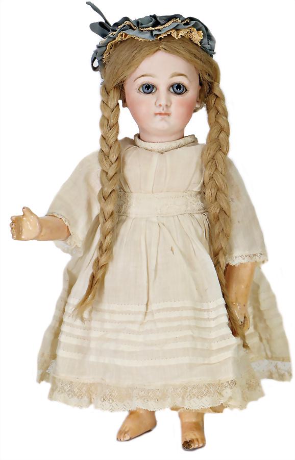 PREMIER JUMEAU bisque-porcelain-socket head, French: PREMIER JUMEAU bisque-porcelain-socket head, French Bébé, orig. almond-shaped paperweight eyes with iris, closed mouth, pierced ears, very bright porcelain, marked No. 4, old cork cover, wig is prob