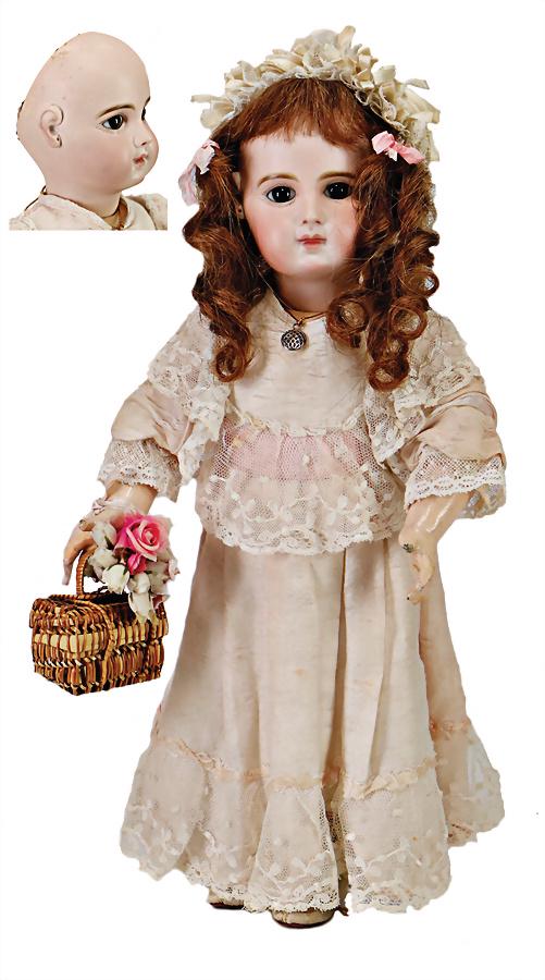 JUMEAU Jumeau, bisque porcelain socket head, brown: JUMEAU Jumeau, bisque porcelain socket head, brown paperweight eyes, closed mouth, fine bright porcelain, nice modelled put on porcelain ears, marked No. 8, French jointed body with fix wrists, over t