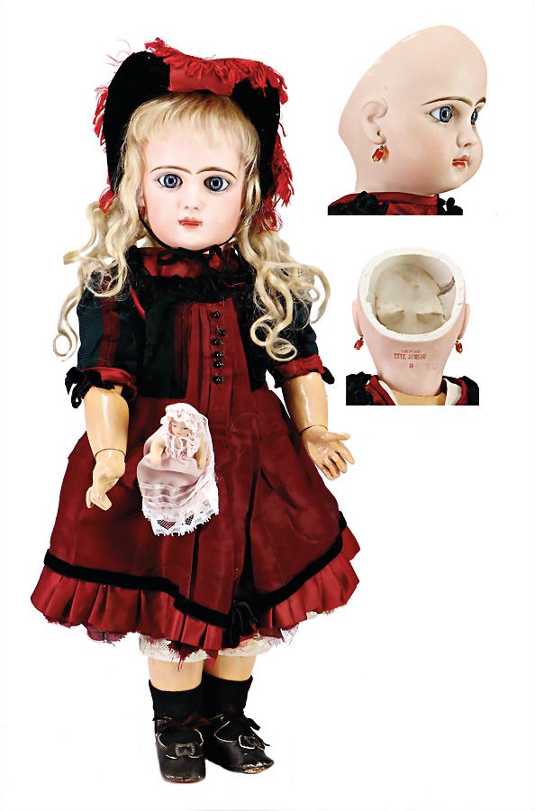 French Bébé, bisque porcelain socket head, blue, very (1 of 4)