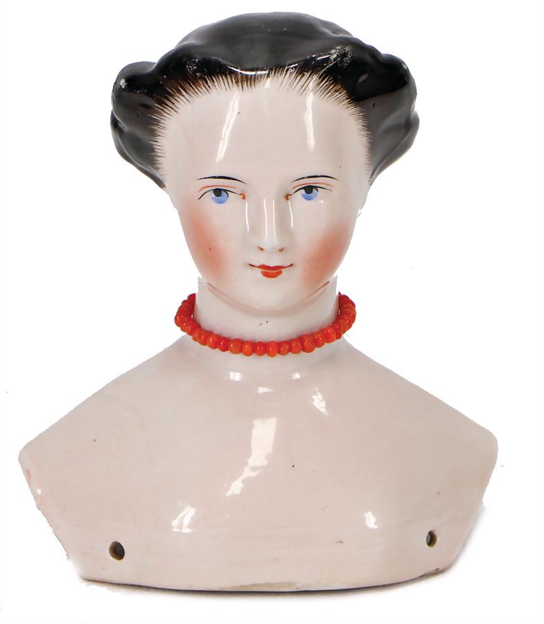 Morning Glory, enameled shoulder headed doll, height:: Morning Glory, enameled shoulder headed doll, height: 10 cm, breast plate width 9 cm, breast plate was glued, fine modelled hair, floral decorations at the side, a bit color is wear down at the 