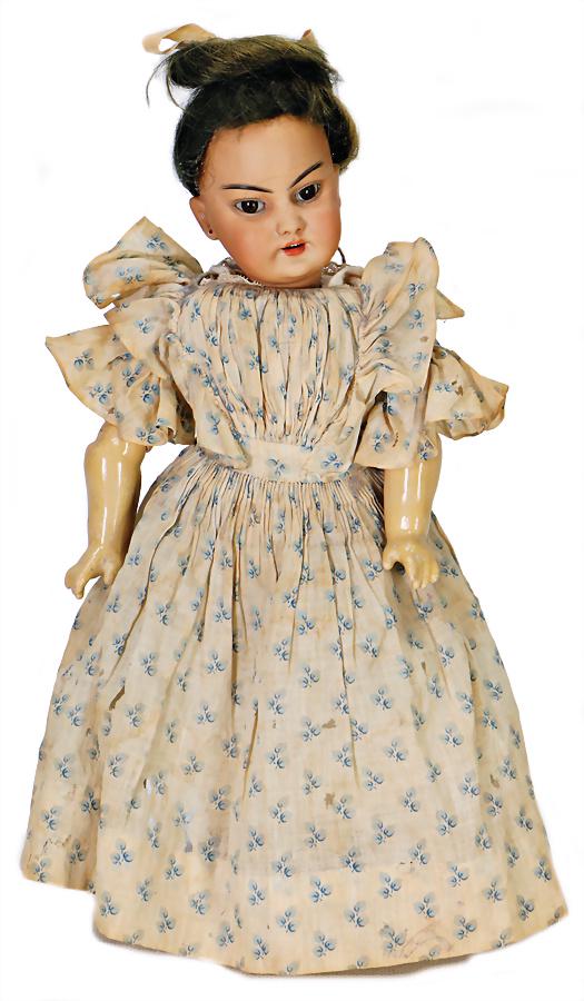 SIMON & HALBIG bisque porcelain socket head, marked: SIMON & HALBIG bisque porcelain socket head, marked SH1129 3½, Myanmarin, brown sleepy eyes, opened mouth, line of upper teeth, pierced ears, jointed body with fix wrists, 30 cm, old wig, old clo