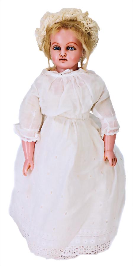 PIEROTTI doll made of solid wax, shoulder headed doll,: PIEROTTI doll made of solid wax, shoulder headed doll, fix inset blue glass eyes, inset blond mohair, on a fabric body, wax arms and legs, stamped body , Hamley´s London, old clothes, 48 cm German 