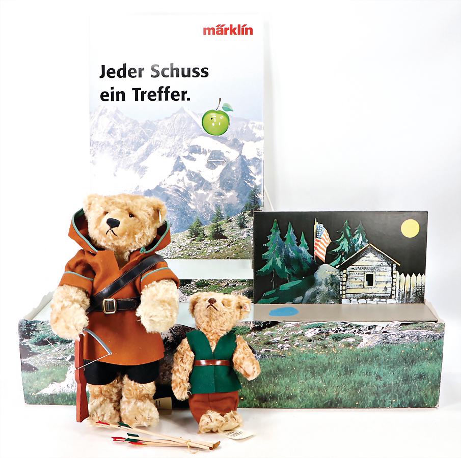 MÄRKLIN-STEIFF Schaufenster-Set, Wilhelm Tell, "Jeder: MÄRKLIN-STEIFF Schaufenster-Set, Wilhelm Tell, "Jeder Schuss ein Treffer", 2 Bären, mit Pappaufsteller, 1 Pappaufsteller amerikanische Hütte
