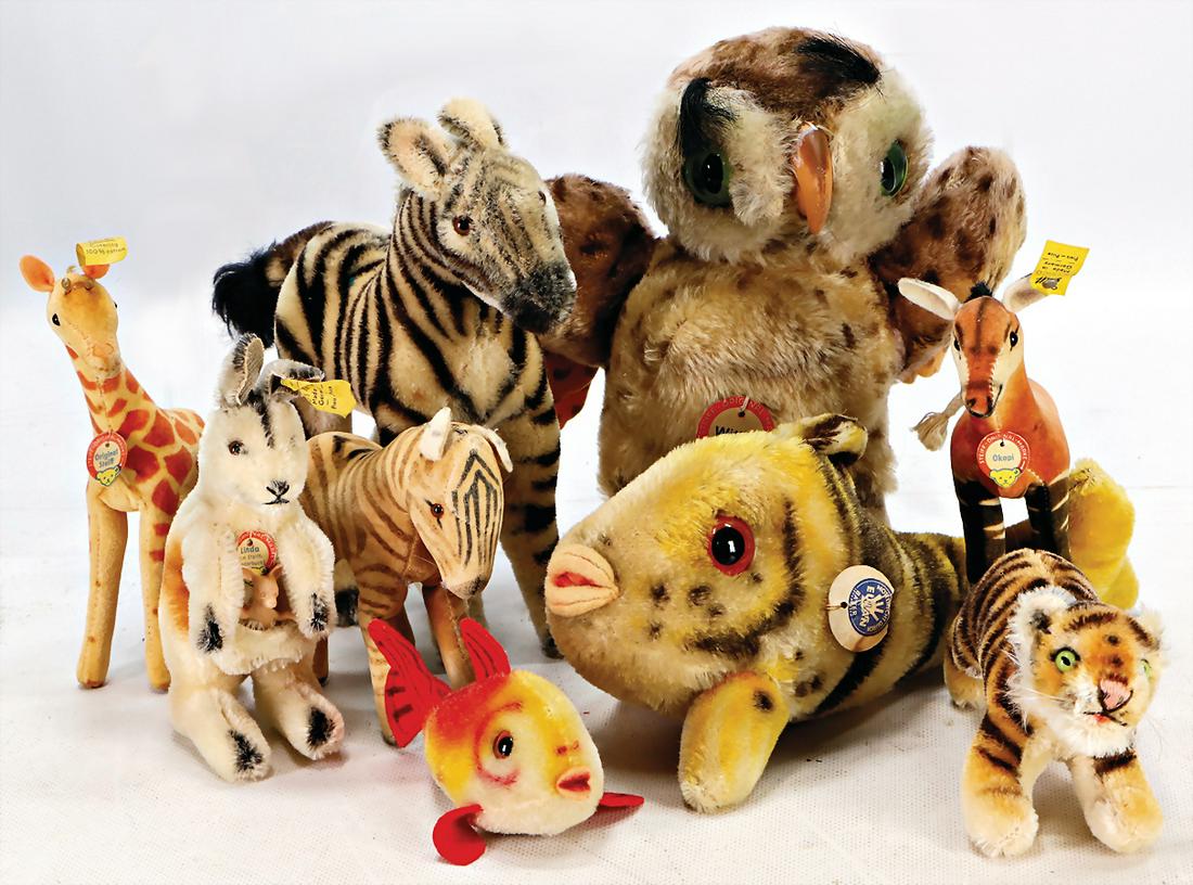STEIFF Konv. Nachkrieg, Flossy, mit Schild, Flossy,: STEIFF Konv. Nachkrieg, Flossy, mit Schild, Flossy, ohne Knopf u. Schild, Okapi, mit Schild, Tiger, ohne Knopf u. Schild, Zebra ohne Knopf u. Schild, 1 Zebra Samt, Hersteller?, Linda, kompl., Nr. 4314