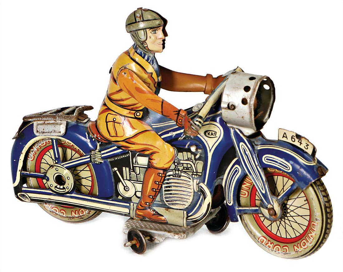 CKO Scheinwerfer-Motorrad, Blech, lithogr., Vorkrieg,: CKO Scheinwerfer-Motorrad, Blech, lithogr., Vorkrieg, Feder gebrochen, Scheinwerferglas fehlt, sonst bespielt, gut