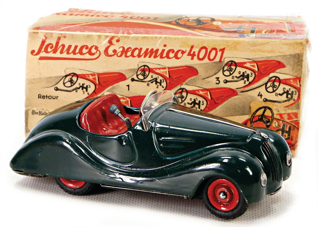 SCHUCO Examico, grün, Blech, bespielt, gut,: SCHUCO Examico, grün, Blech, bespielt, gut, Orig.-Kart., Vorkrieg, Frontlasche fehlen, verschlissen