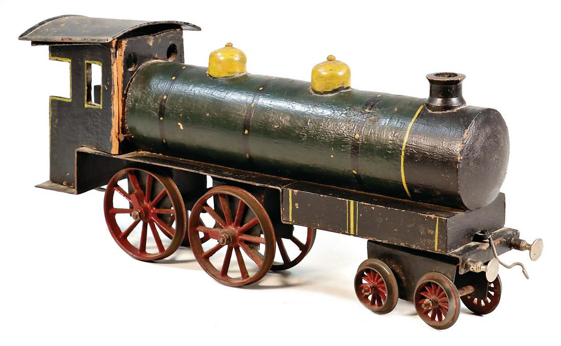 Lokomotive, Bodenläufer, Eigenbau, Holz- u. Blechteile,: Lokomotive, Bodenläufer, Eigenbau, Holz- u. Blechteile, ohne Tender, 1 Wand am Führerhaus lose, 35,5 cm