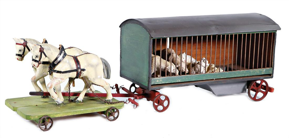 menagerie carriage, wood, 47 cm, with polar bears,: menagerie carriage, wood, 47 cm, with polar bears, draught horses with flaked off mass parts at the legs, collection Katz German Description Menagerie-Wagen, Holz, 47 cm, mit Eisbären, Zugpferde mit 