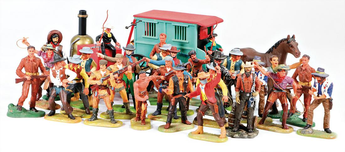 ELASTOLIN mixed lot of sundry cowboys, plastic,: ELASTOLIN mixed lot of sundry cowboys, plastic, fighting, standing, good condition, 7.5 cm German Description ELASTOLIN Konv. div. Cowboys, Plastik, kämpfend, stehend, guter Zust., 7,5 cm
