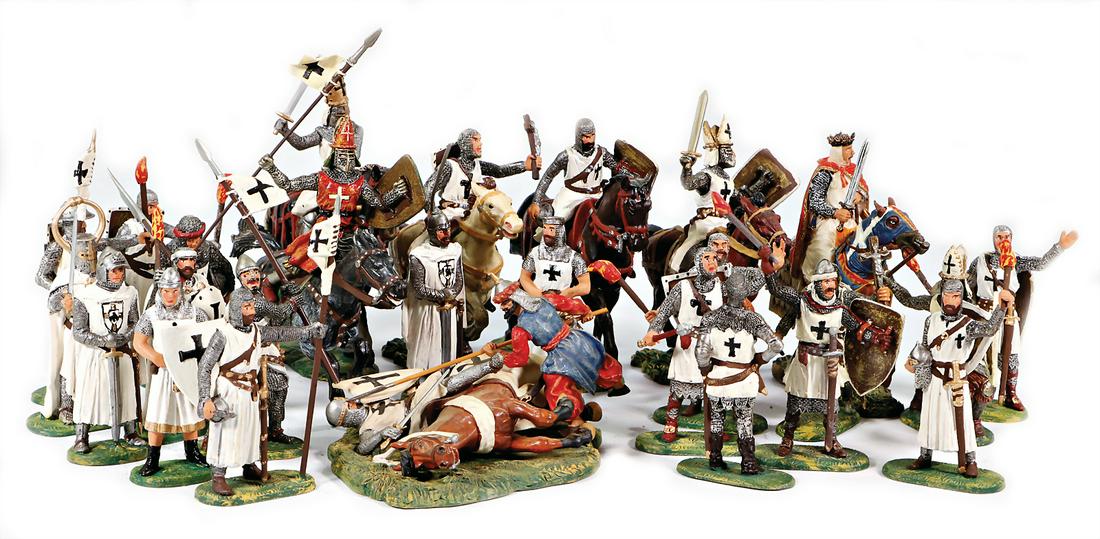 ELASTOLIN lot, knight, marching, with torch, flag, (1 of 1)