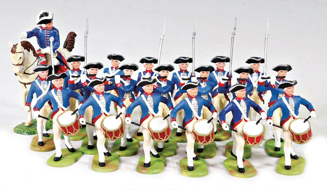 ELASTOLIN mixed lot with c. 20 figures, Guards: ELASTOLIN mixed lot with c. 20 figures, Guards musicians, marching with drum, gun, transverse flute, rider, 7.5 cm, plastic German Description ELASTOLIN Konv. ca. 20 Figuren, Gardemusikanten, marschie