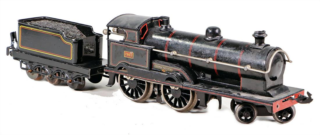 track 0, tow-tender-locomotive, 2B, 2663, George the: track 0, tow-tender-locomotive, 2B, 2663, George the Fifthy, black with red ornamental lines, worn, 1 buffer is missing, collection Katz German Description Spur 0, Schlepptender-Lok, 2B, 2663, George 
