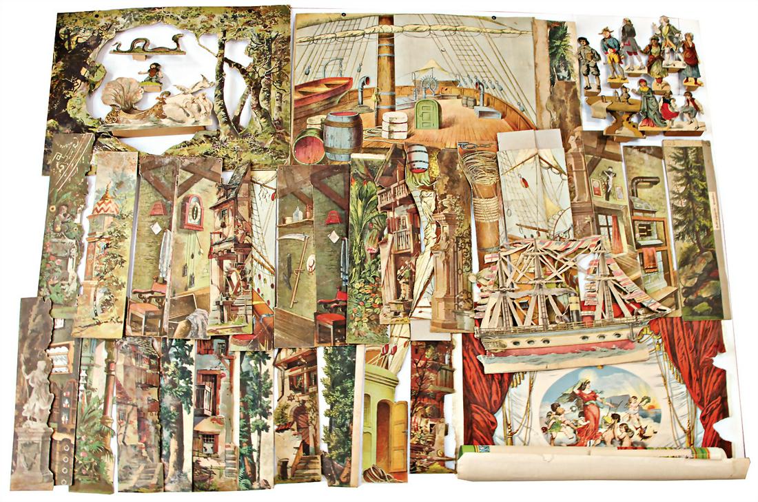 big paper theatre mixed lot , set parts, partially: big paper theatre mixed lot , set parts, partially lithographed, partially painted, figures, background parts, among it a sailing boat, collection Katz German Description Gr. Konv. Papiertheater, Kuli