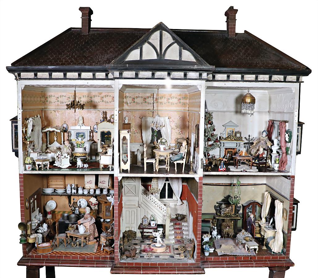 big stately dollhouse, England, with feet height: 177: big stately dollhouse, England, with feet height: 177 cm, width: 155 cm, depth: 60 cm, 6 rooms, with elaborately staircase, passage doors, fix fitted chimneys, furnished, richly accessories, with doll
