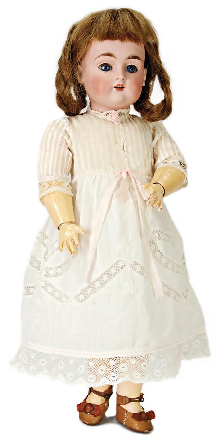 bisque porcelain socket head doll, child's face,: bisque porcelain socket head doll, child's face, German, marked Made in Germany B.6.167., blue sleepy eyes, opened mouth, line of upper teeth, slight dimple at chin, real hair lashes, on one side the