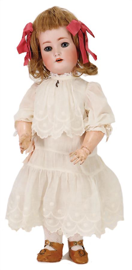 SIMON & HALBIG bisque porcelain socket head doll,: SIMON & HALBIG bisque porcelain socket head doll, marked SIMON & HALBIG / K&R, No. 9, blue sleepy eyes, opened mouth, line of upper teeth, 1 tooth is missing, pierced ears, 55 cm, jointed 