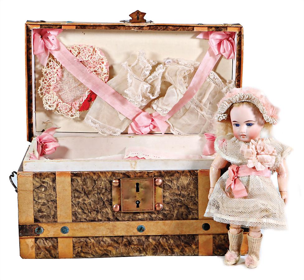 HEUBACH sun, small bisque porcelain head doll, 18 cm,: HEUBACH sun, small bisque porcelain head doll, 18 cm, socket head, fix inset blue glass eyes, opened mouth, upper teeth, jointed body, old clothes, old mohair wig, with Trousseau suitcase and several 