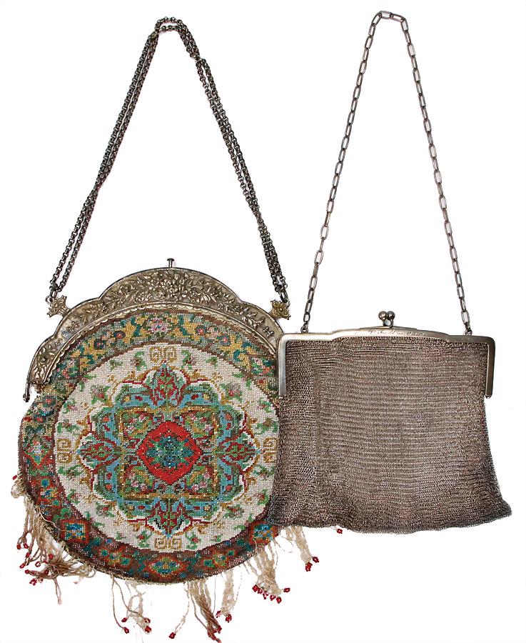 Tasche, ca. 1890, Silberblech, Glasperlenarbeit, 1: Tasche, ca. 1890, Silberblech, Glasperlenarbeit, 1 Tasche, Drahtarbeit