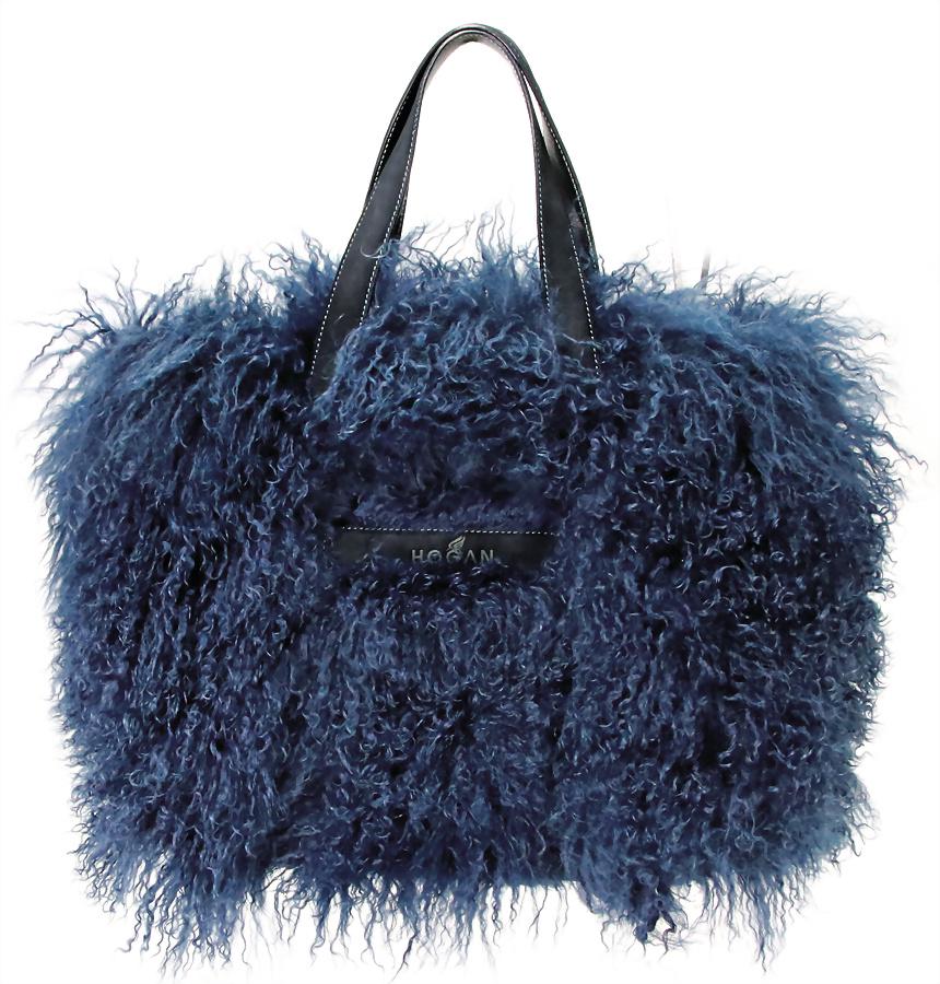 HOGAN Handtasche mit Alpaka Fell, dunkelblau, 2: HOGAN Handtasche mit Alpaka Fell, dunkelblau, 2 Schultertrageriemen, Magnetverschluss, B: 42 cm, H: 35 cm, mit Staubbeutel, neuw. Zust.