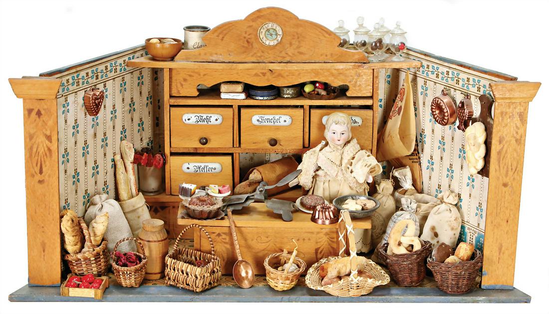 small shop, width: 45 cm, height: 23 cm, with: small shop, width: 45 cm, height: 23 cm, with accessories from different periods, with doll German Description Kl. Kaufladen, B: 45 cm, H: 23 cm, mit Zubehör aus untersch. Zeit, mit Puppe