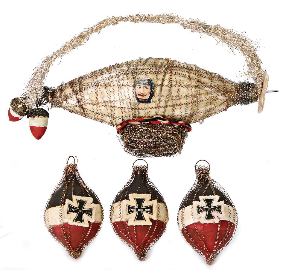 Christmas tree decoration, glass, zeppelin, cotton wool: Christmas tree decoration, glass, zeppelin, cotton wool with leonic wires, 16 cm, 2 balls with iron cross, age? German Description Christbaumschmuck, Glas, Zeppelin, Watte mit leonischen Drähten, 16 