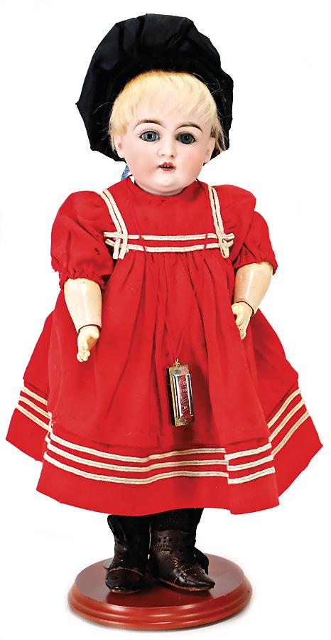JDK KESTNER 129, bisque porcelain head doll, 30 cm,: JDK KESTNER 129, bisque porcelain head doll, 30 cm, socket head, blue sleepy eyes, opened mouth, upper teeth, dimple at chin, jointed body, doll has a slight cast, old clothes, old mohair wig German D