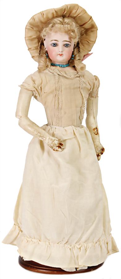 fashion doll, France, Fashion-Doll, 40 cm, bisque: fashion doll, France, Fashion-Doll, 40 cm, bisque socket head, on a bisque breast plate, some places on the forehead were glued, fix inset blue glass eyes, closed mouth, leather body, mohair wig Germa