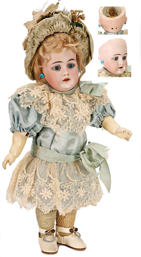 bisque porcelain head doll, marked 89-5, blue sleepy: bisque porcelain head doll, marked 89-5, blue sleepy eyes, opened mouth, upper teeth, dimple at chin, jointed body, fix wrists, mohair wig, splendid old clothes and underwear German Description Biskui