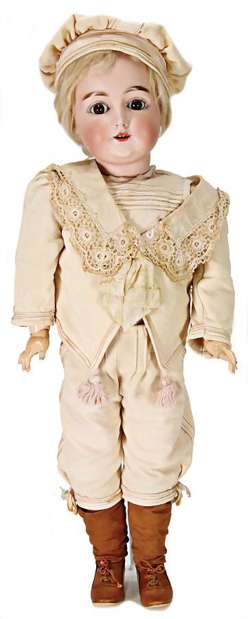 JDK KESTNER bisque porcelain head doll, 62 cm, brown: JDK KESTNER bisque porcelain head doll, 62 cm, brown sleepy eyes, opened mouth, upper teeth, dimple at chin, original jointed body, old mohair wig, clothes old or sewed of old fabric, old shoes and so