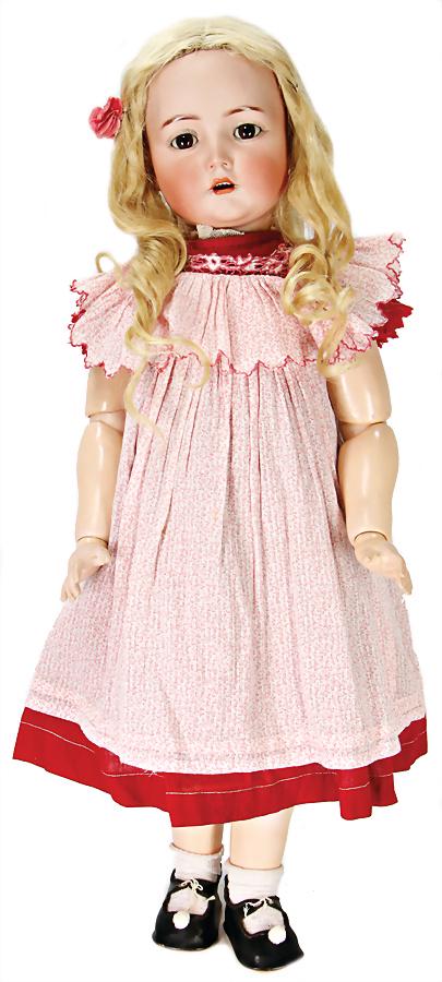 K&R 117N, 73 cm, socket head, brown sleepy eyes,: K&R 117N, 73 cm, socket head, brown sleepy eyes, opened mouth, upper teeth, Toddler body with pulled up knee joints, real hair wig, old clothes, exceptional size German Description K&R 117N, 73 cm